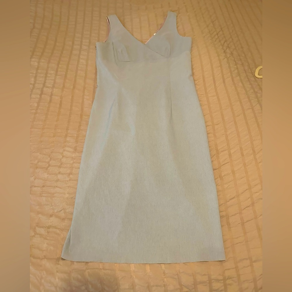 Light Blue - Faux Linen Texture - Good Stretch - Empire Faux Wrap Neck Sundress
